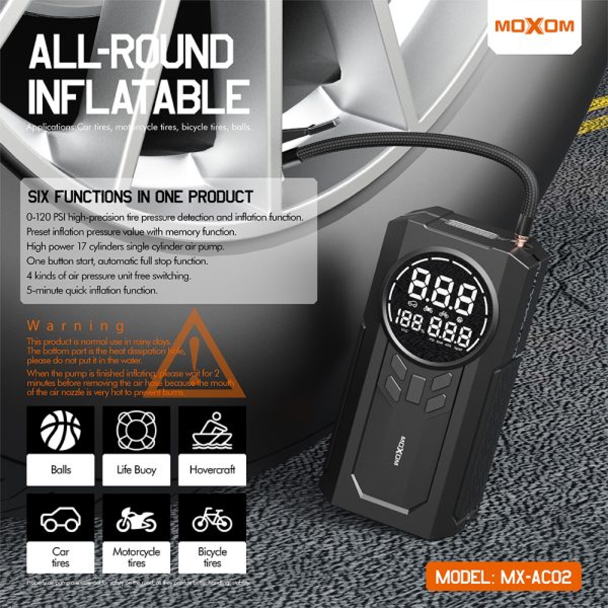Φορητός Αεροσυμπιεστής & Power Bank 8000mAh 110PSI με Οθόνη LCD και Εκκινητή Μπαταρίας Moxom MX-AC02 - Image 8