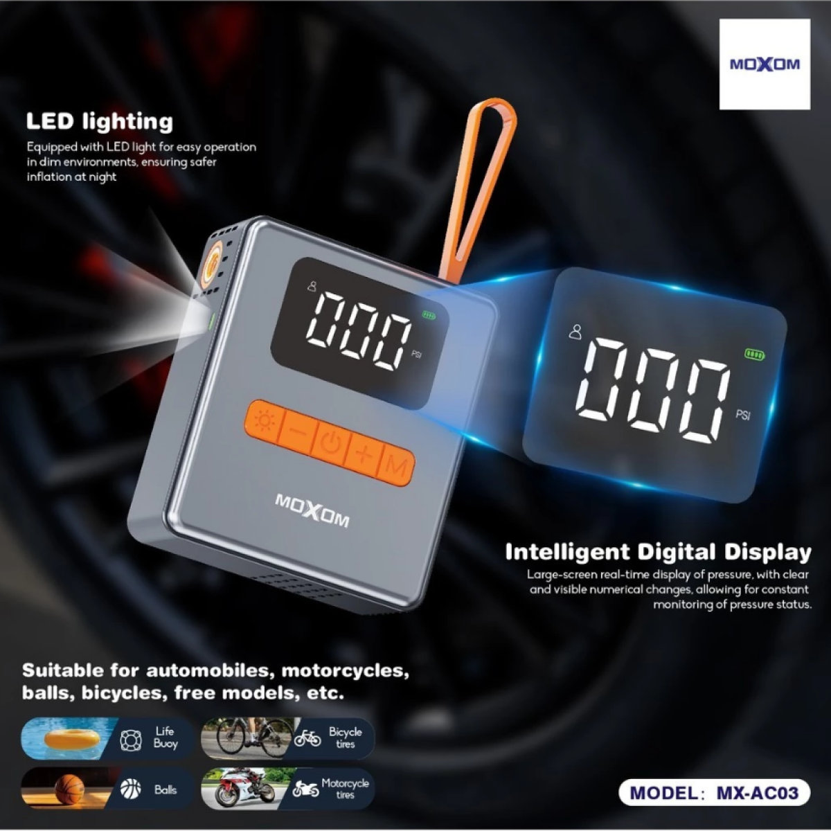 Φορητός Μίνι Αεροσυμπιεστής 150PSI 1800mAh με Ψηφιακή Οθόνη και Φακό LED Moxom MX-AC03 - Image 2