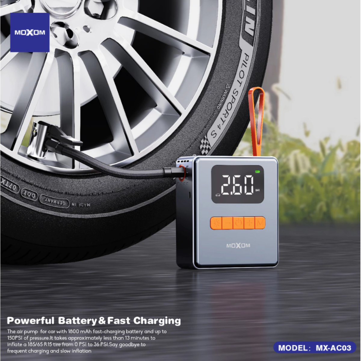 Φορητός Μίνι Αεροσυμπιεστής 150PSI 1800mAh με Ψηφιακή Οθόνη και Φακό LED Moxom MX-AC03 - Image 5