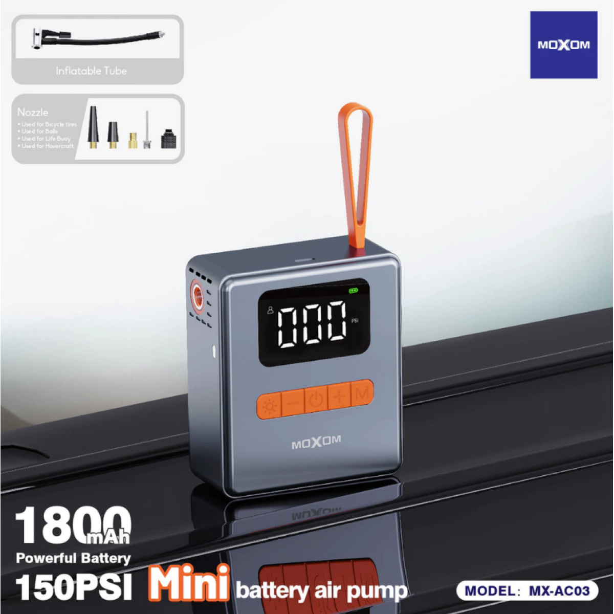 Φορητός Μίνι Αεροσυμπιεστής 150PSI 1800mAh με Ψηφιακή Οθόνη και Φακό LED Moxom MX-AC03 - Image 4
