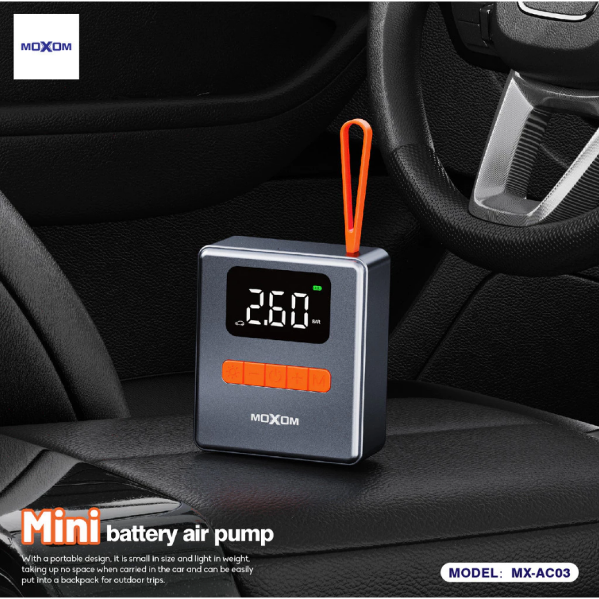 Φορητός Μίνι Αεροσυμπιεστής 150PSI 1800mAh με Ψηφιακή Οθόνη και Φακό LED Moxom MX-AC03 - Image 6