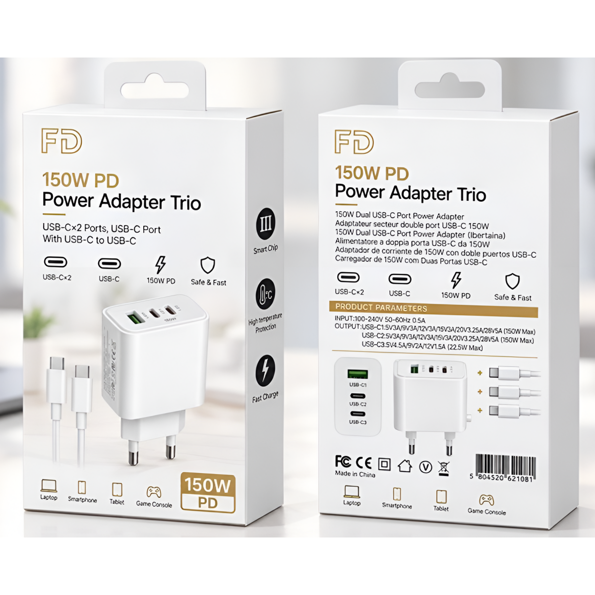 Φορτιστής PD 150W με 3 Θύρες 2 USB-C και 1 USB-A και Καλώδιο USB-C σε USB-C FD