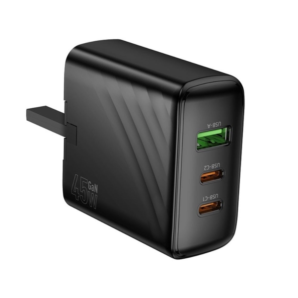 Φορτιστής USB-C 45W HOCO CS26B με 3 Θύρες και Βύσμα UK