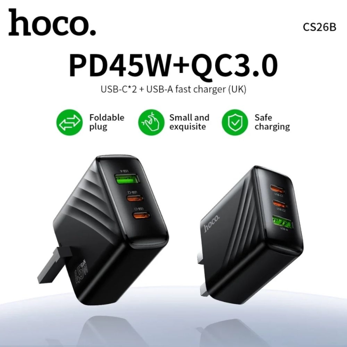Φορτιστής USB-C 45W HOCO CS26B με 3 Θύρες και Βύσμα UK