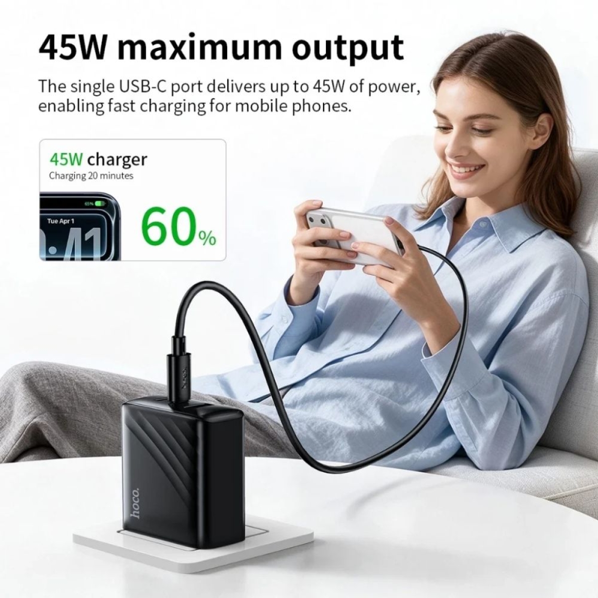 Φορτιστής USB-C 45W HOCO CS26B με 3 Θύρες και Βύσμα UK