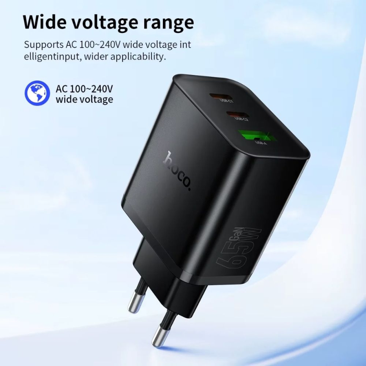 Φορτιστής USB-C 65W HOCO N75 με 2 USB-C και 1 USB-A EU