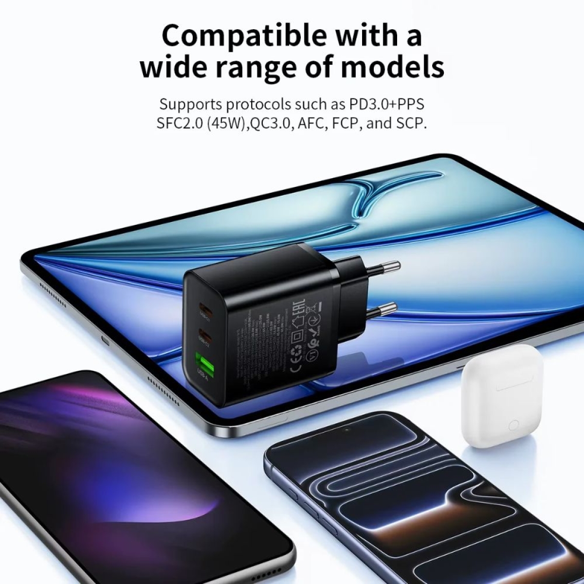 Φορτιστής USB-C 65W HOCO N75 με 2 USB-C και 1 USB-A EU