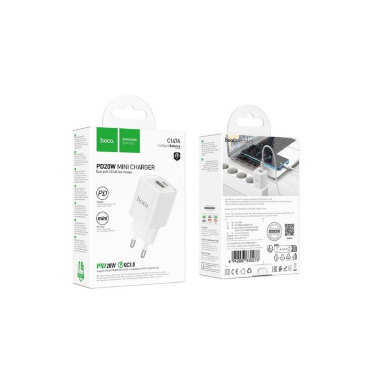 HOCO C147A Φορτιστής με Θύρα USB & Θύρα USB-C 20W – Λευκό