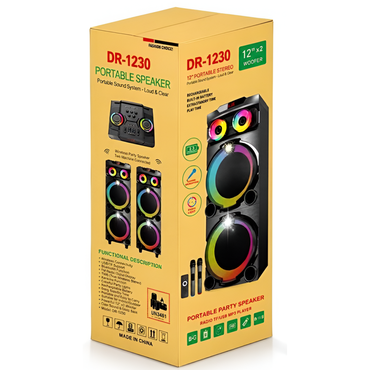 Ηχείο Bluetooth 2x12" 100W με RGB LED & 2 Ασύρματα Μικρόφωνα DR-1230 - Image 2