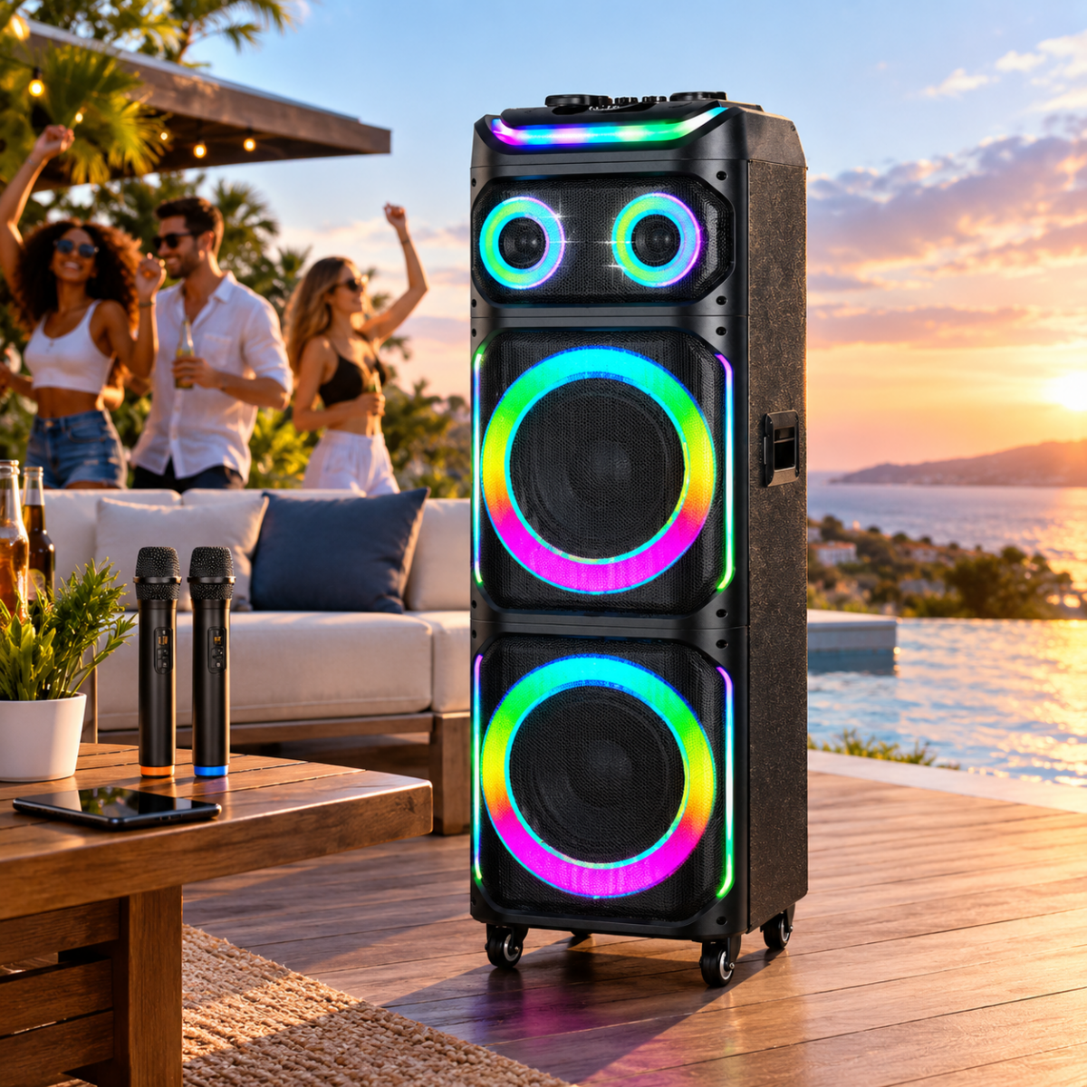 Ηχείο Bluetooth 2x12" 100W με RGB LED & 2 Ασύρματα Μικρόφωνα JBR-1231 - Image 5