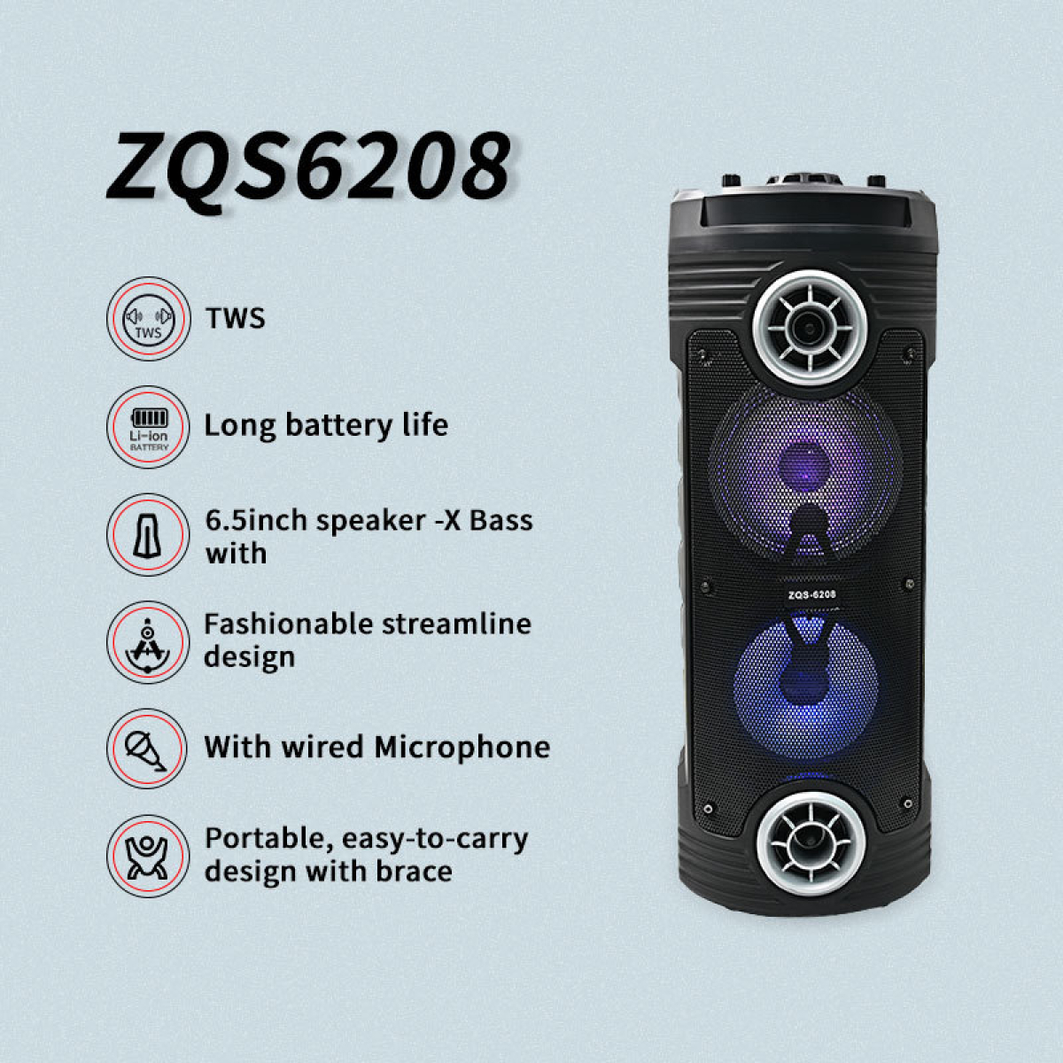 Ηχείο Bluetooth Karaoke 25W με 2 Ηχεία 6.5", Ασύρματο Μικρόφωνο και Φωτισμό RGB ZQS6208 - Image 2