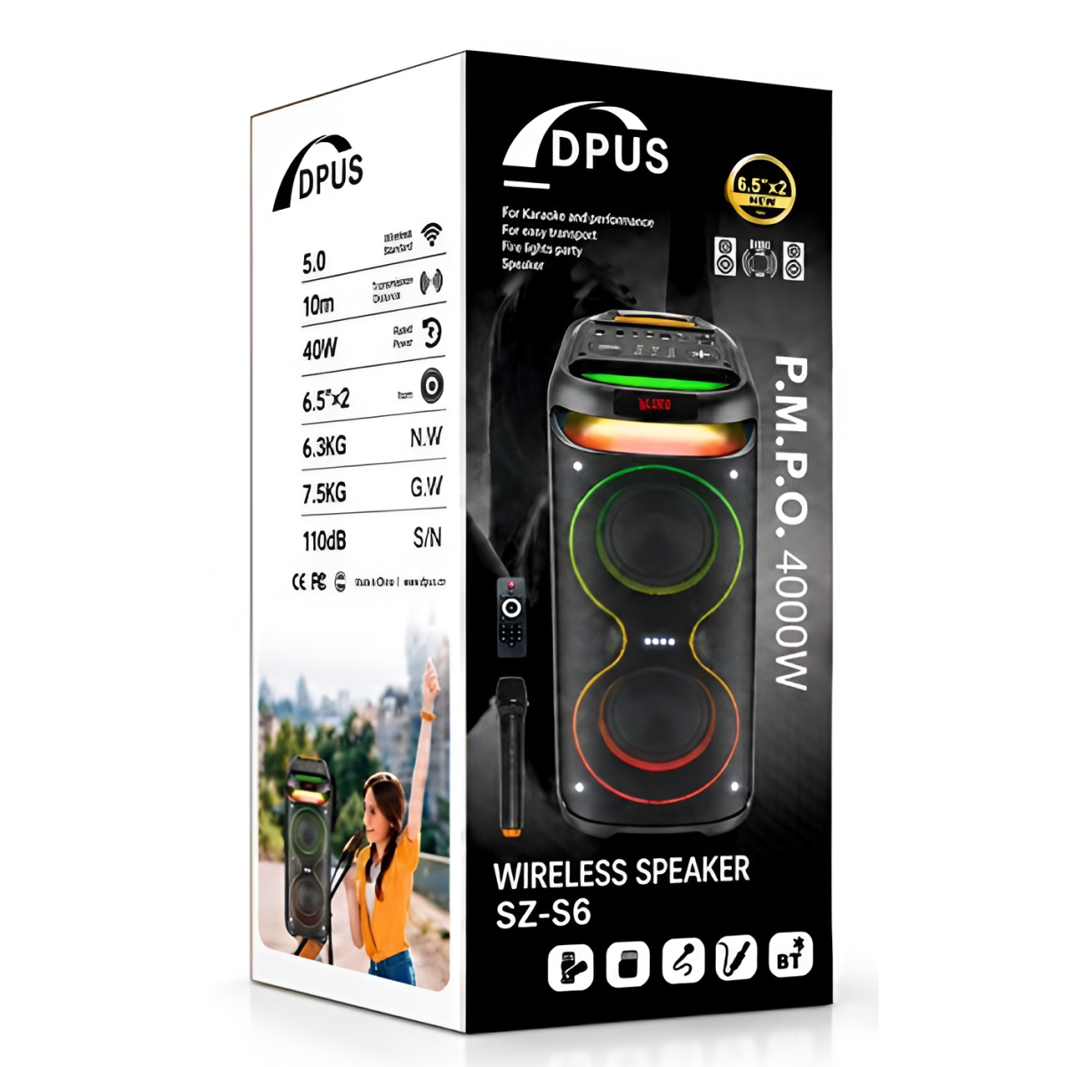Ηχείο Bluetooth Karaoke με 2 Ηχεία 6,5" 40W, RGB LED & Ασύρματο Μικρόφωνο DPUS SZ-S6