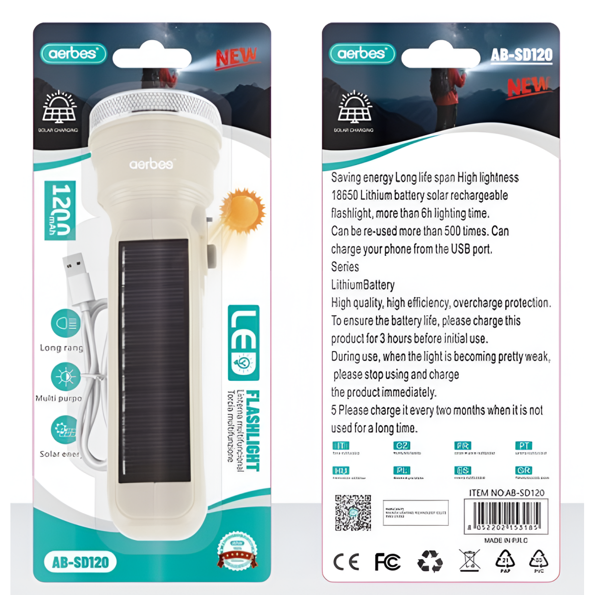Ηλιακός Φακός LED Επαναφορτιζόμενος 1200mAh Aerbes AB-SD120