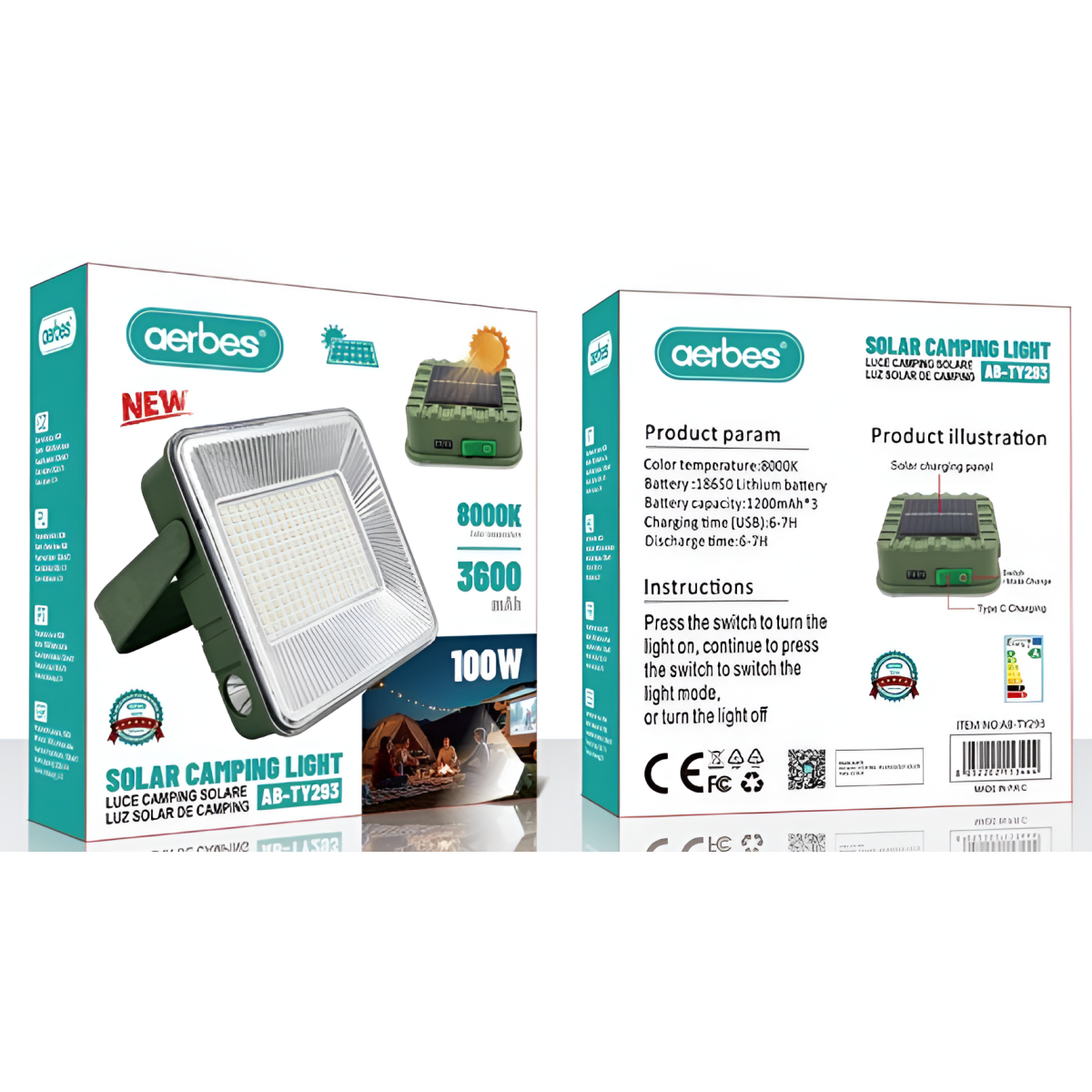 Ηλιακός Προβολέας LED 100W Επαναφορτιζόμενος Aerbes AB-TY293