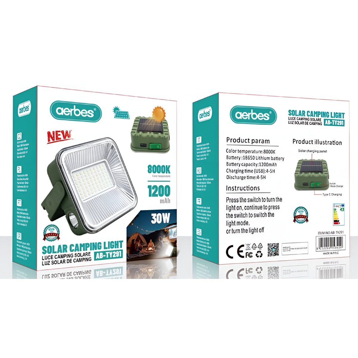Ηλιακός Προβολέας LED 30W Επαναφορτιζόμενος 1200mAh Aerbes AB-TY291