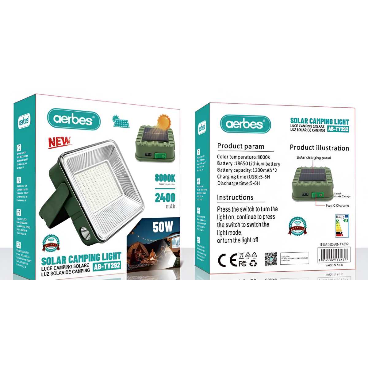 Ηλιακός Προβολέας LED 50W Επαναφορτιζόμενος Aerbes AB-TY292
