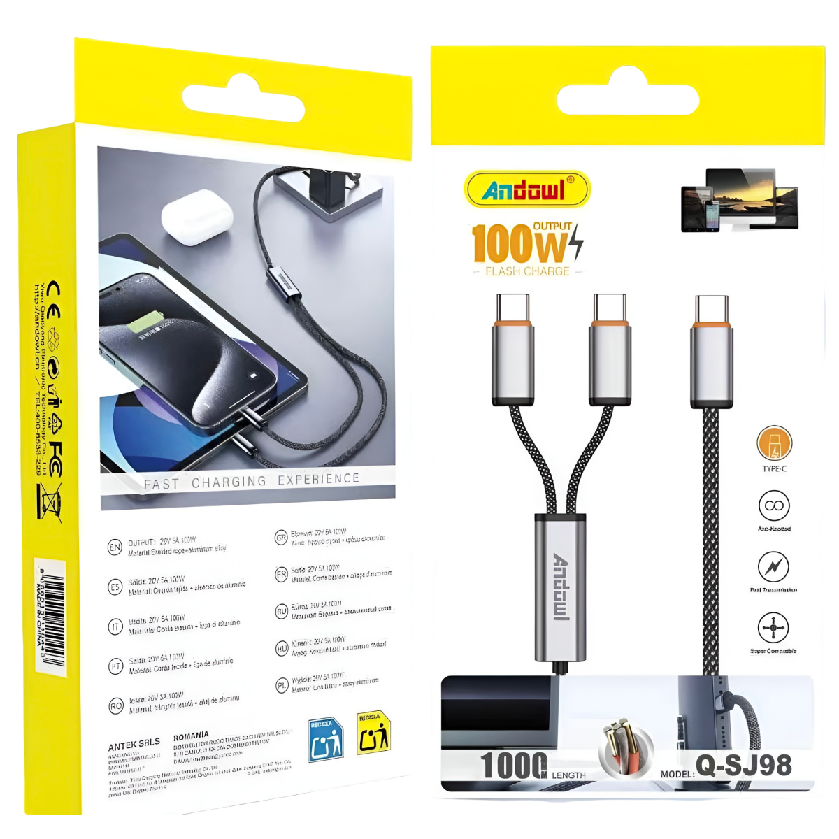 Καλώδιο Φόρτισης 3 σε 1 USB Type-C 100W 1m Andowl Q-SJ98