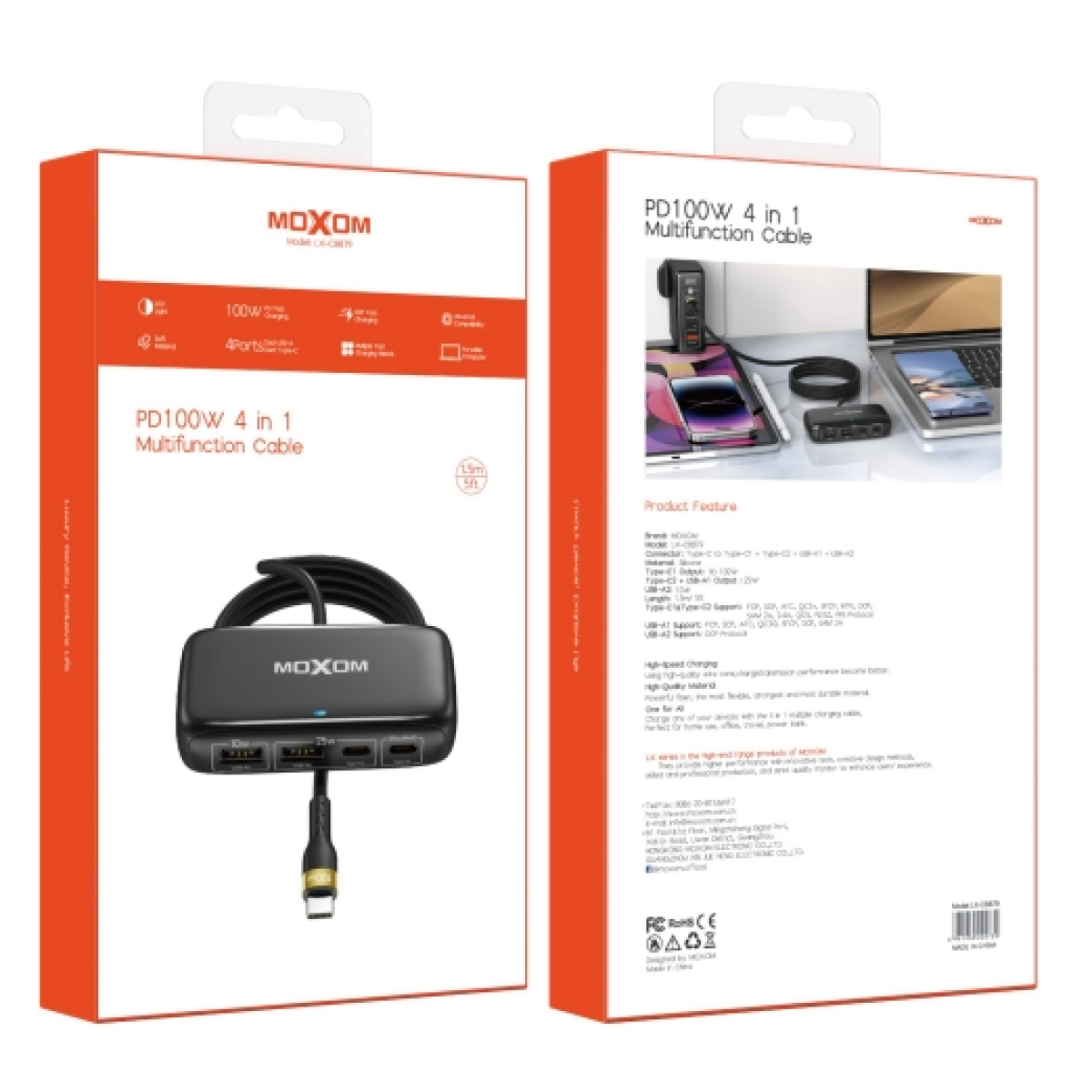 Καλώδιο Φόρτισης 4 σε 1 PD 100W με 2 USB-C & 2 USB-A Mοxom LX-CB879