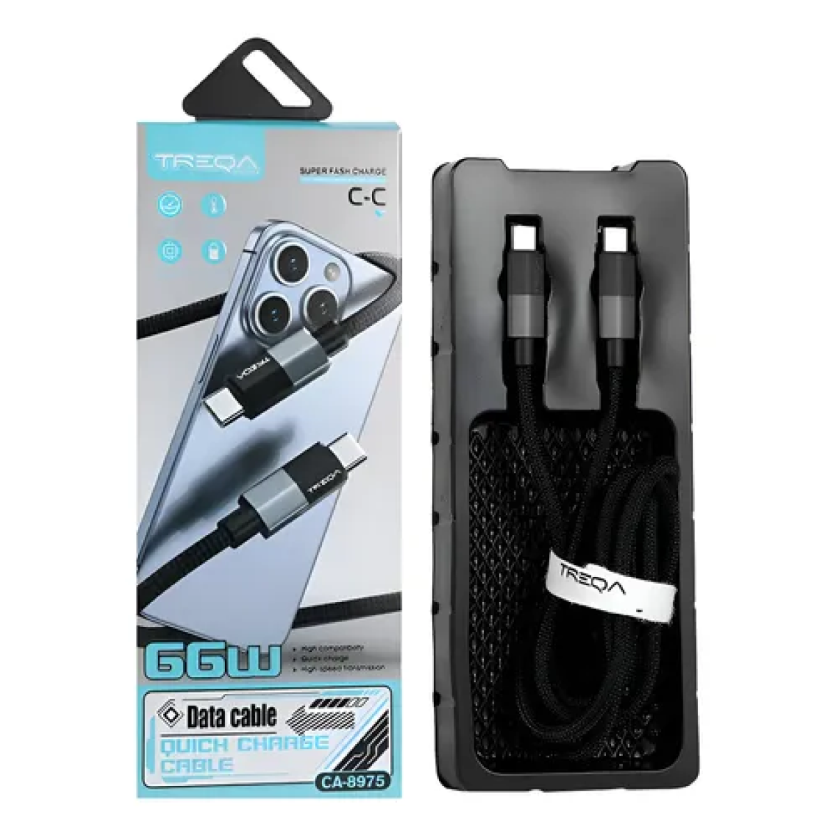 Καλώδιο Φόρτισης και Μεταφοράς Δεδομένων USB-C σε USB-C 66W 1m Μαύρο TREQA CA-8975 - Image 2