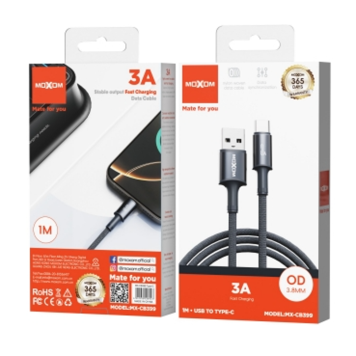 Καλώδιο Φόρτισης & Μεταφοράς Δεδομένων USB-A σε Type-C 1m 3A Fast Charging Moxom MX-CB399 - Image 2