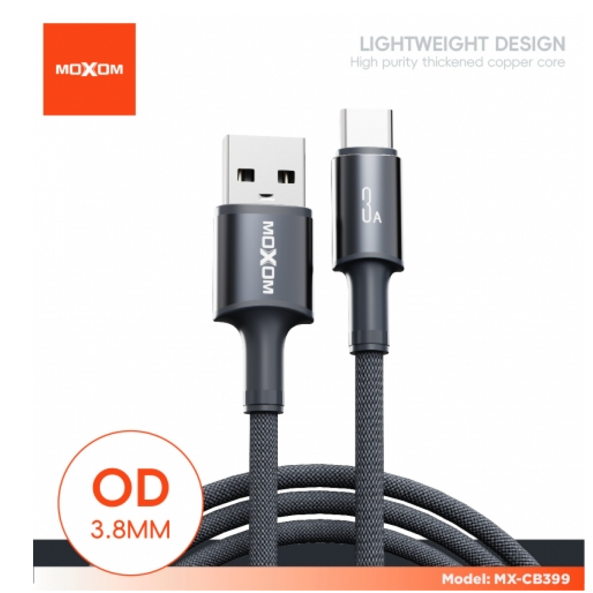 Καλώδιο Φόρτισης & Μεταφοράς Δεδομένων USB-A σε Type-C 1m 3A Fast Charging Moxom MX-CB399 - Image 4