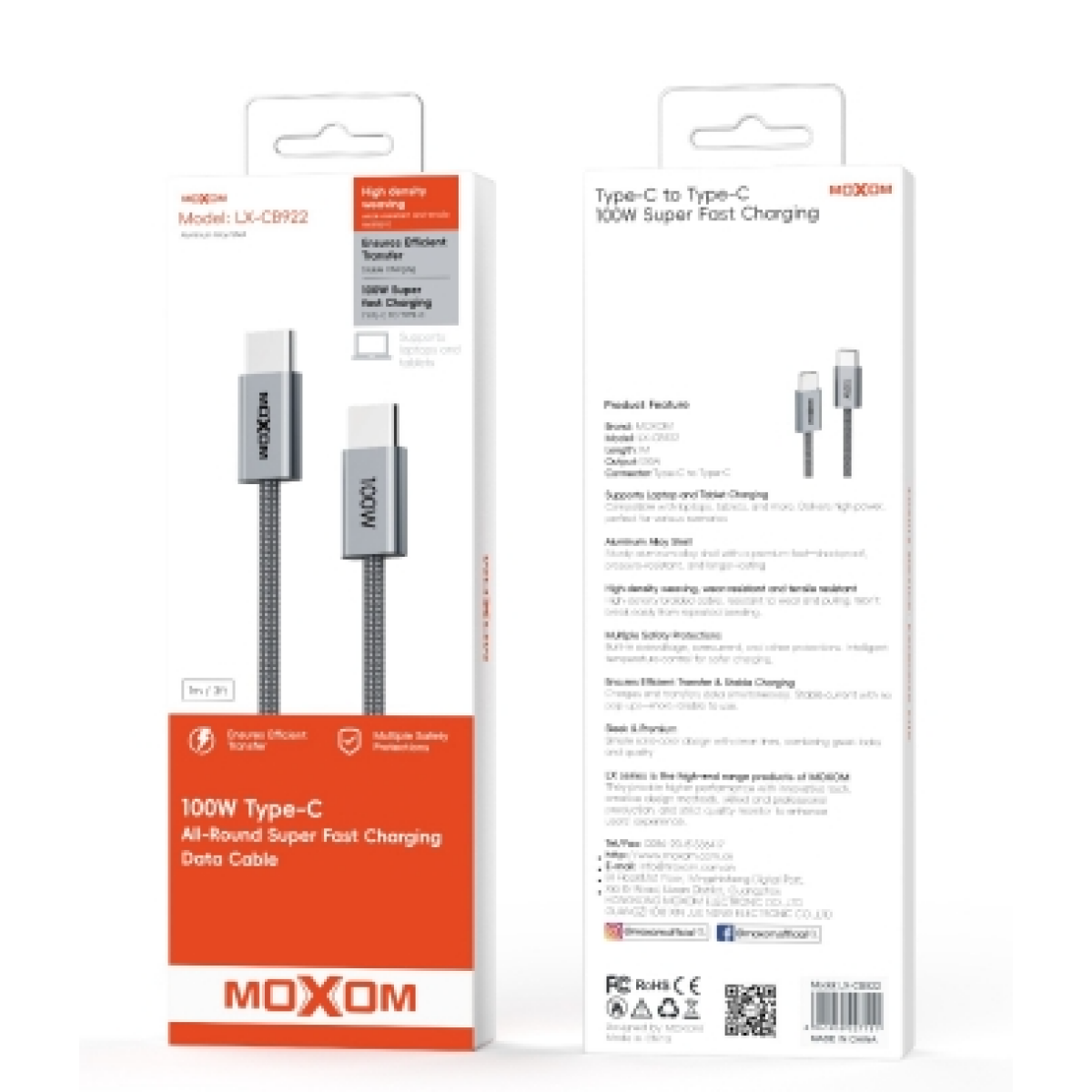 Καλώδιο Φόρτισης USB-C σε USB-C 100W Super Fast Charging Moxom LX-CB922 - Image 2