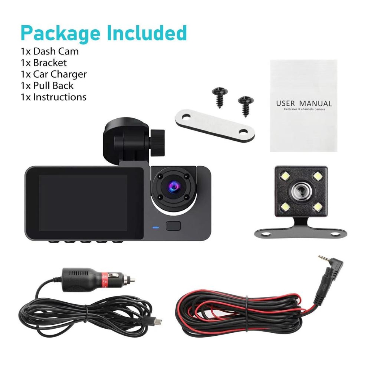 Κάμερα Αυτοκινήτου DVR 3 Καναλιών Full HD 1080P με Οθόνη IPS 2", Νυχτερινή Καταγραφή και Ανίχνευση Κίνησης - Y15 - Image 2
