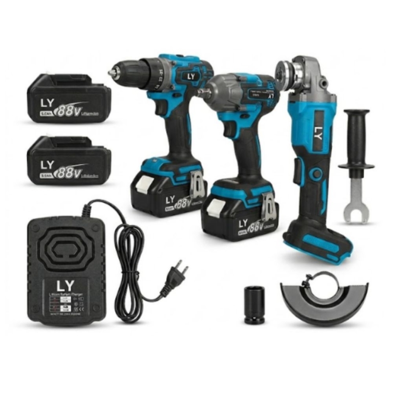 LY Tools Σετ 3 σε 1 Τροχός, Παλμικό Μπουλονόκλειδο, Κρουστικό Δράπανο με 2 Μπαταρίες 88V