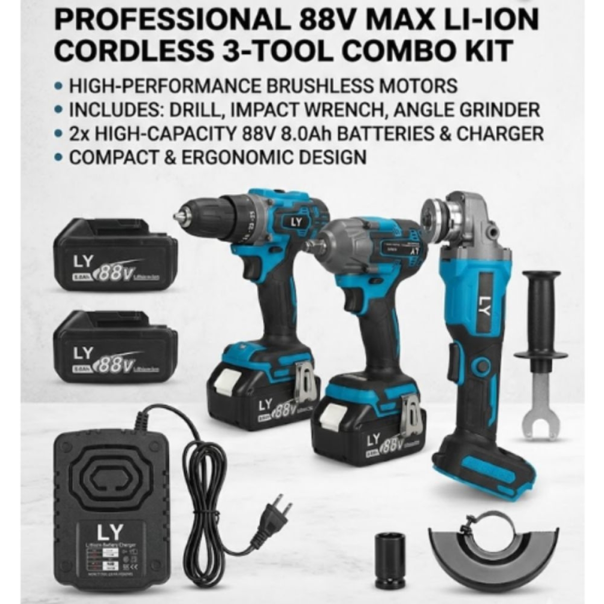 LY Tools Σετ 3 σε 1 Τροχός, Παλμικό Μπουλονόκλειδο, Κρουστικό Δράπανο με 2 Μπαταρίες 88V