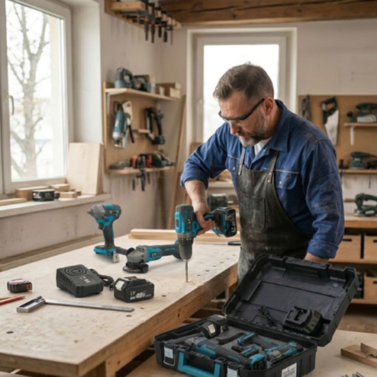 LY Tools Σετ 3 σε 1 Τροχός, Παλμικό Μπουλονόκλειδο, Κρουστικό Δράπανο με 2 Μπαταρίες 88V