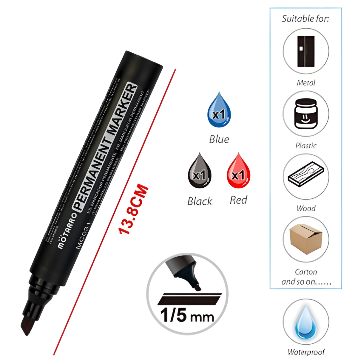 Μαρκαδόροι Ανεξίτηλοι 1-5mm Σετ 3 Τεμαχίων Motarro MC032-5