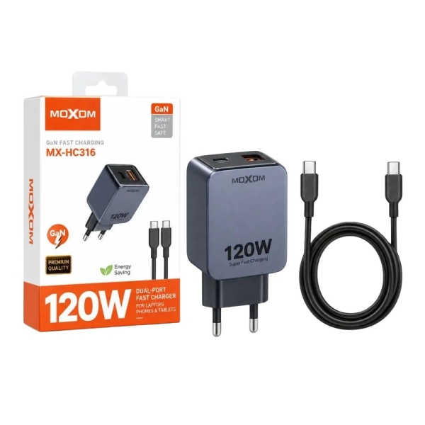 MXHC316 MOXOM GaN Charger Adapter 120W USB-C & USB-A με Καλώδιο Type-C