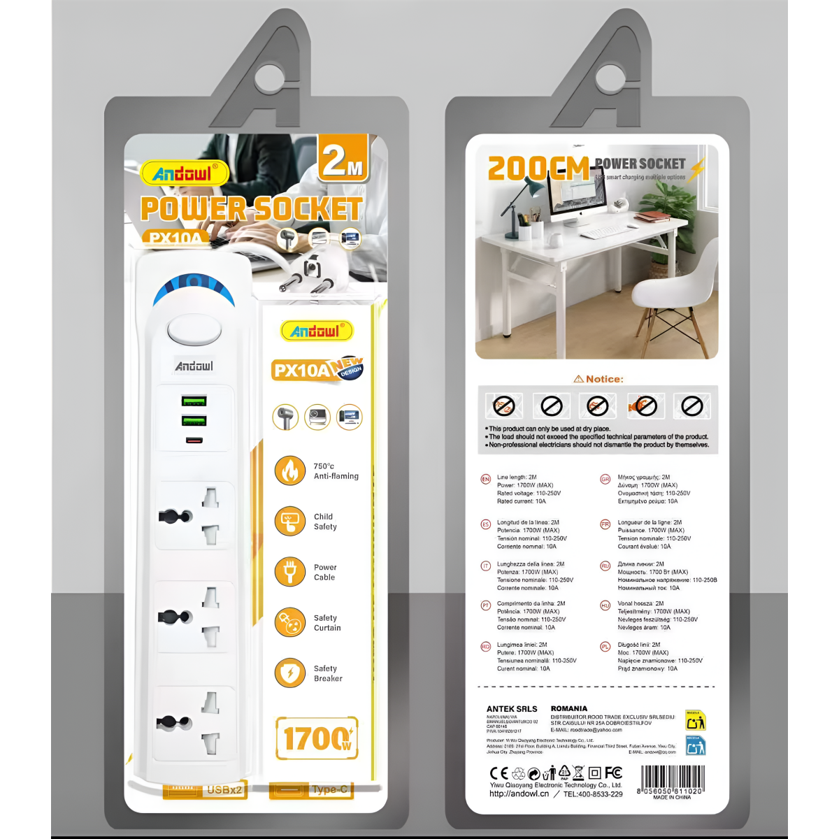 Πολύπριζο 3 Θέσεων με 2 USB, Type-C και Καλώδιο 2m 1700W Λευκό Andowl PX10A
