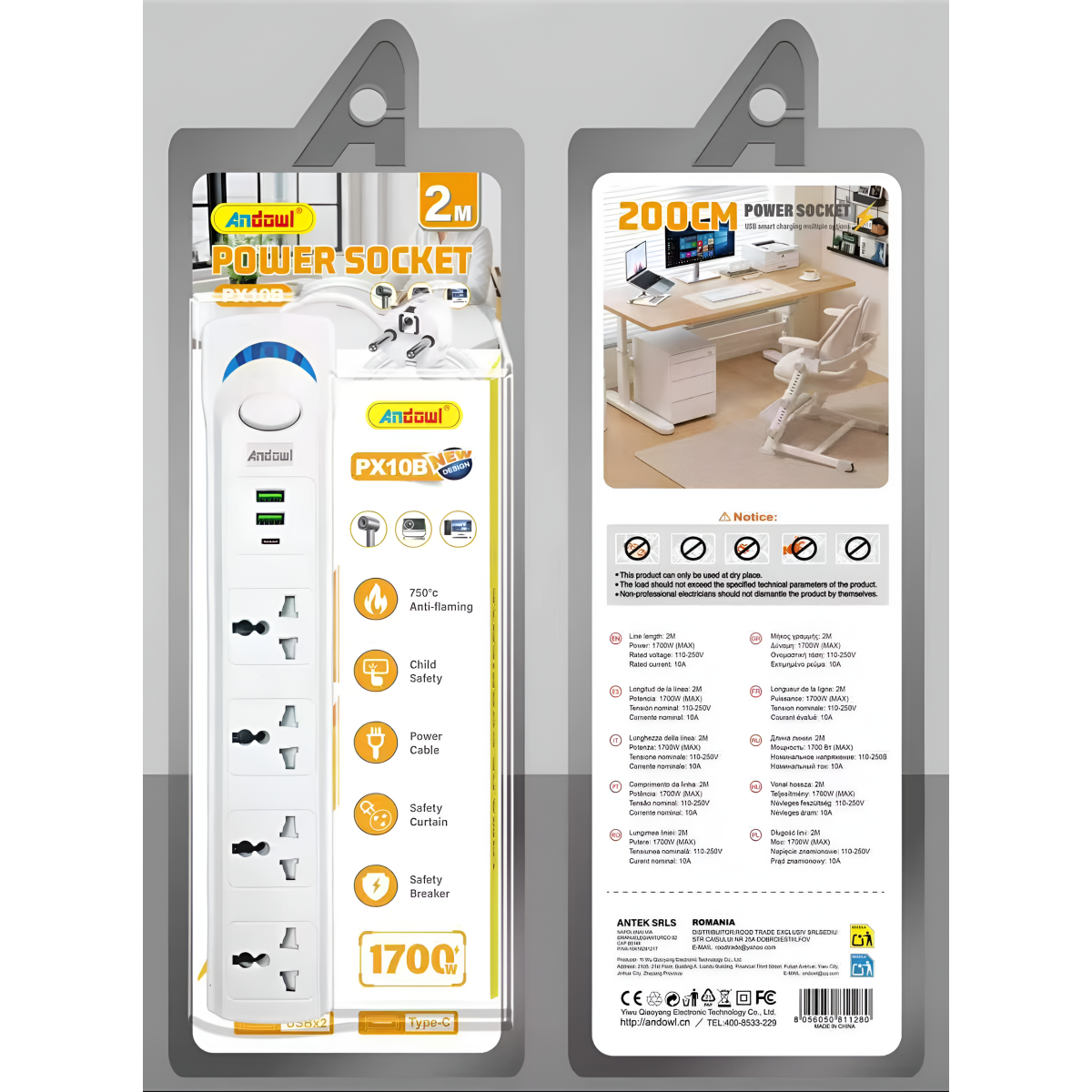 Πολύπριζο 4 Θέσεων με 2 USB, Type-C και Καλώδιο 2m 1700W Λευκό Andowl PX10B