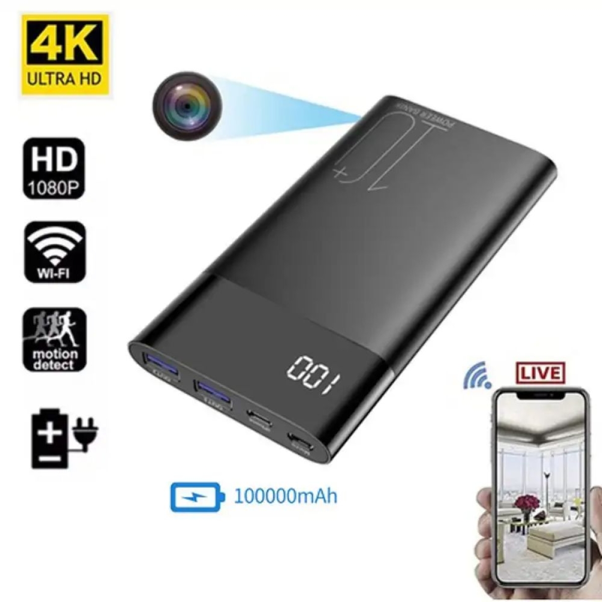 Power Bank 10.000 mAh με Ενσωματωμένη Κάμερα 4K, Wi-Fi P2P, Γωνία Λήψης 170° και Νυχτερινή Όραση IR
