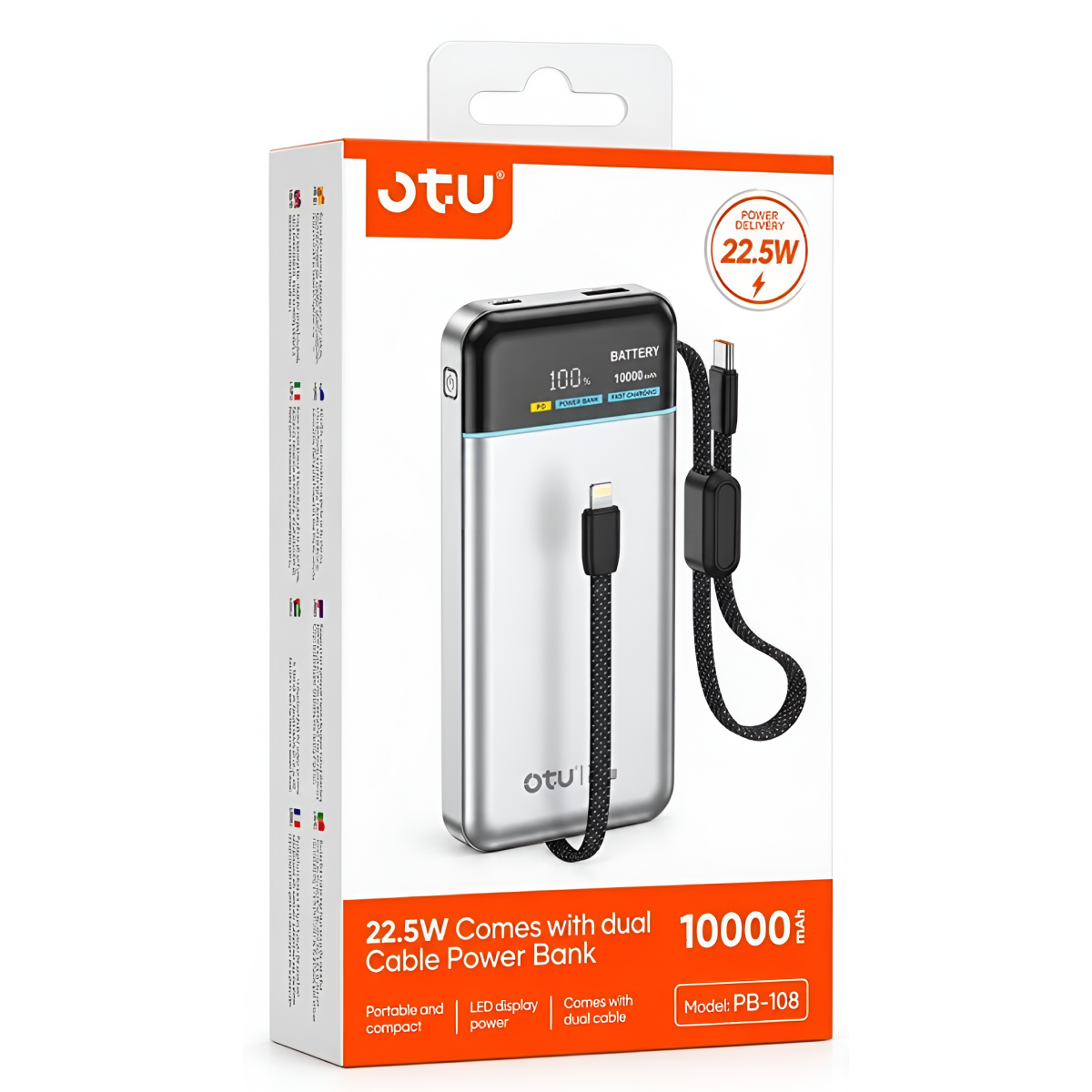 Power Bank 10000mAh 22.5W με Γρήγορη Φόρτιση, Ενσωματωμένα Καλώδια και Ψηφιακή Οθόνη LED OTU PB-108