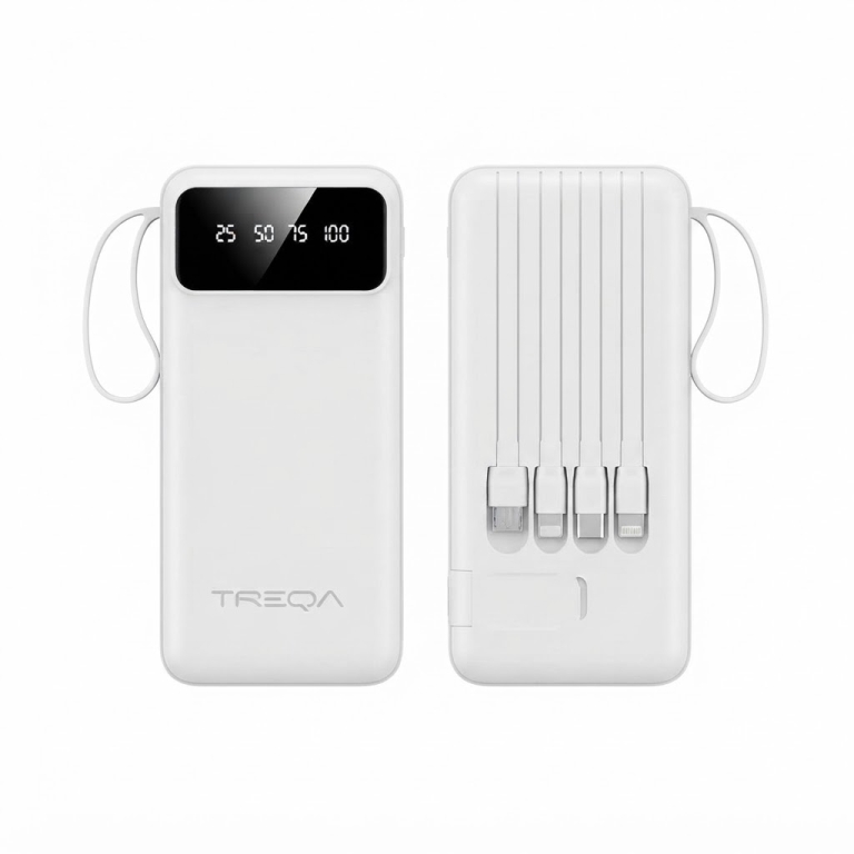 Power Bank 10000mAh με Ενσωματωμένα Καλώδια 4 σε 1 Λευκό TREQA TR-98