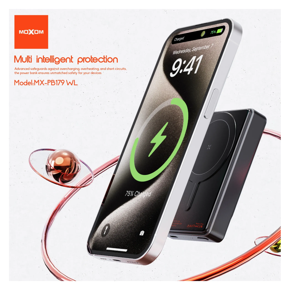Power Bank 10000mAh PD20W με Ασύρματη Φόρτιση 15W και Καλώδιο USB-C Moxom MX-PB179 WL - Image 2