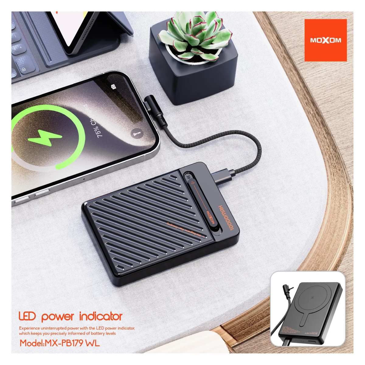 Power Bank 10000mAh PD20W με Ασύρματη Φόρτιση 15W και Καλώδιο USB-C Moxom MX-PB179 WL - Image 5