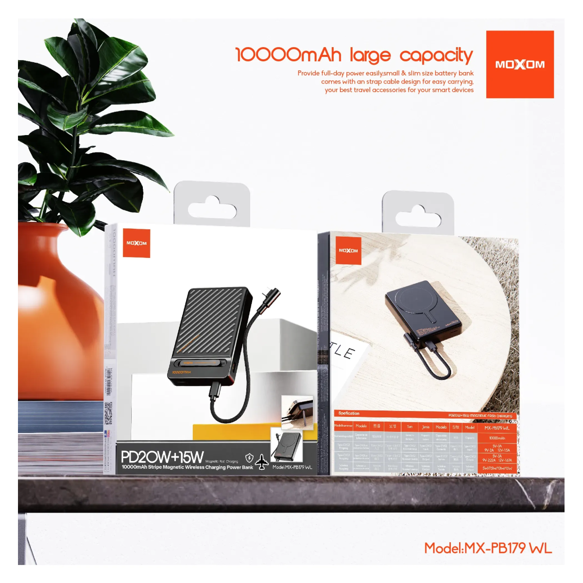 Power Bank 10000mAh PD20W με Ασύρματη Φόρτιση 15W και Καλώδιο USB-C Moxom MX-PB179 WL - Image 3