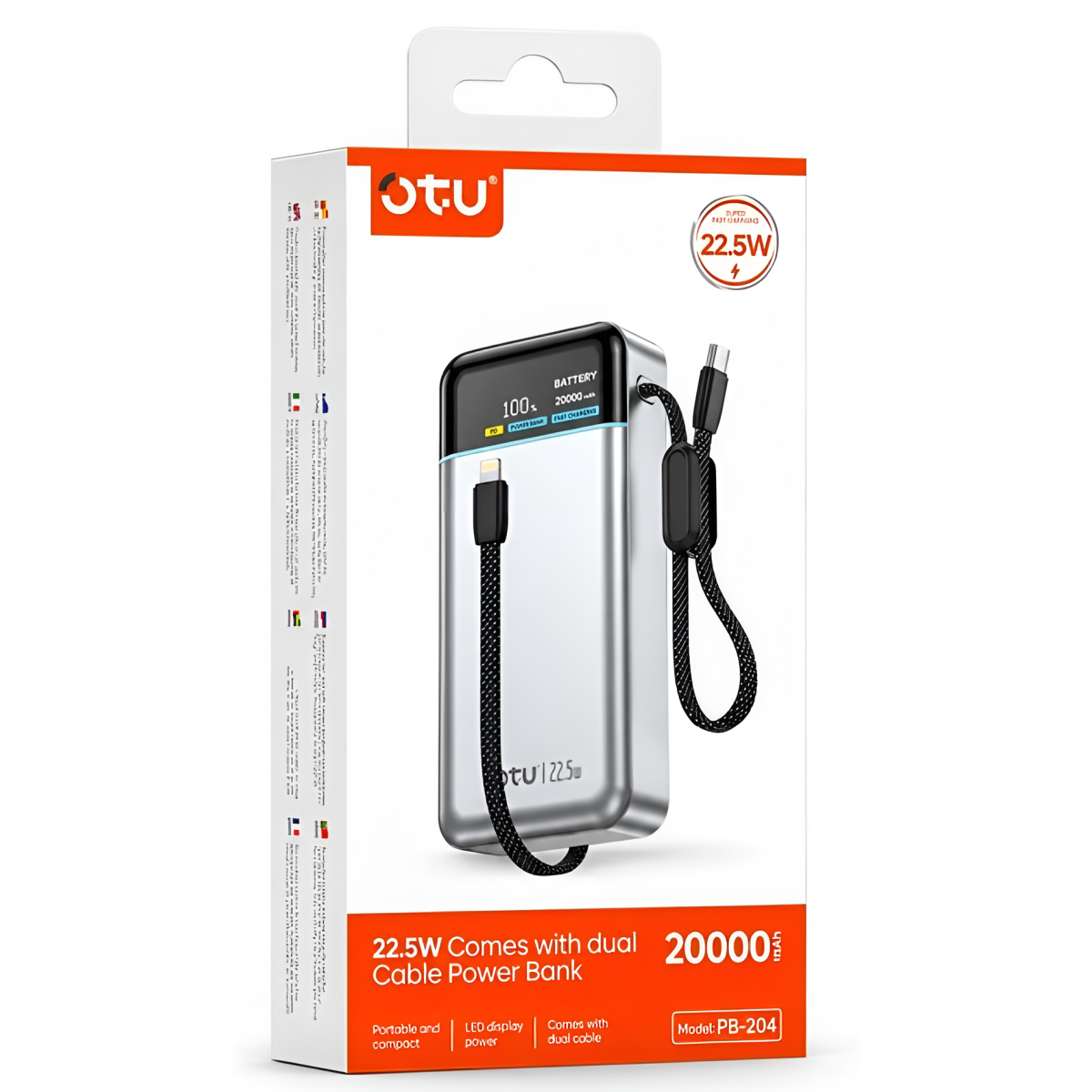 Power Bank 20000mAh 22.5W με Γρήγορη Φόρτιση, Ενσωματωμένα Καλώδια και Ψηφιακή Οθόνη LED OTU PB-204