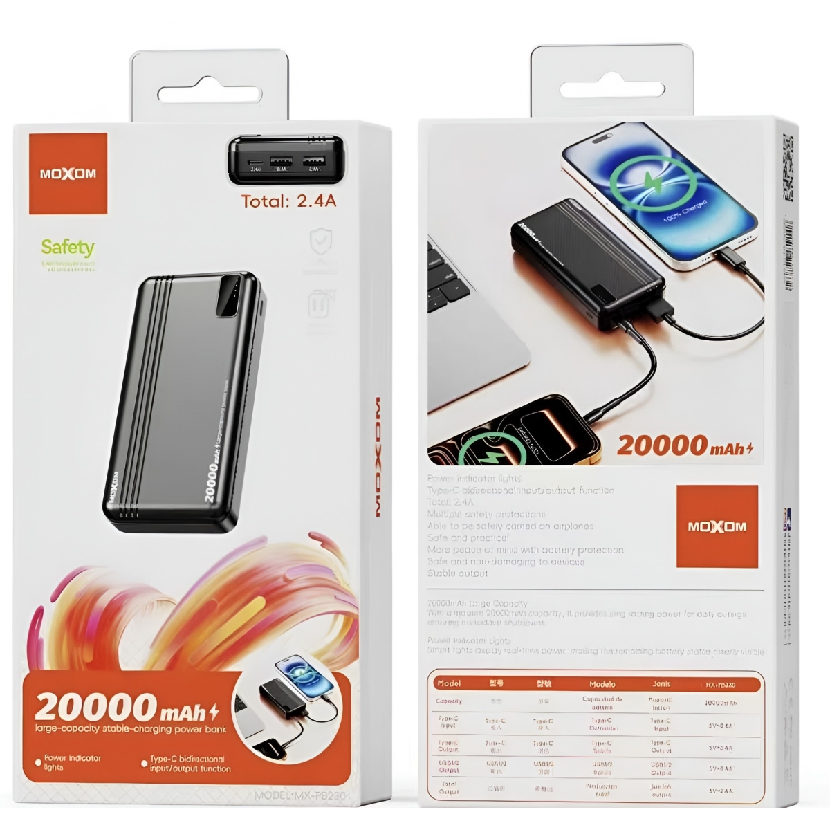 Power Bank 20000mAh με 3 Θύρες USB, Φόρτιση 2.4A και Ένδειξη Μπαταρίας Moxom MX-PB230