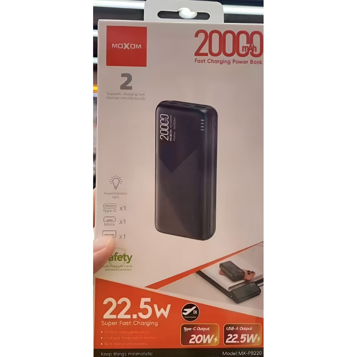 Power Bank 20000mAh με Γρήγορη Φόρτιση 22.5W και 3 Θύρες USB Moxom MX-PB220
