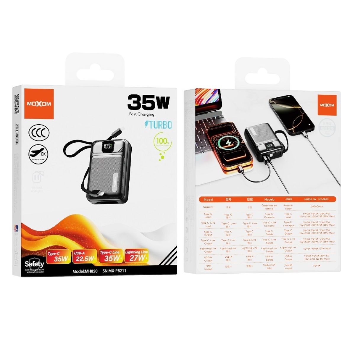 Power Bank 20000mAh με Γρήγορη Φόρτιση 35W, Ενσωματωμένα Καλώδια και Ψηφιακή Οθόνη Moxom MX-PB211 - Image 3
