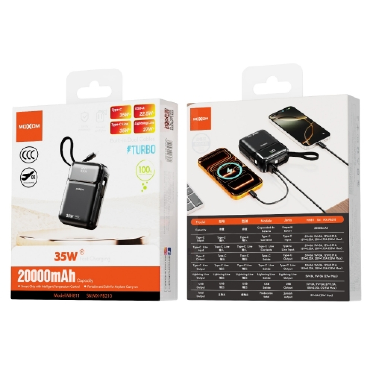 Power Bank 20000mAh με Γρήγορη Φόρτιση 35W, Ενσωματωμένα Καλώδια USB-C και Lightning Moxom MX-PB210 - Image 2