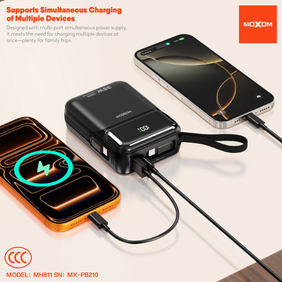 Power Bank 20000mAh με Γρήγορη Φόρτιση 35W, Ενσωματωμένα Καλώδια USB-C και Lightning Moxom MX-PB210 - Image 3