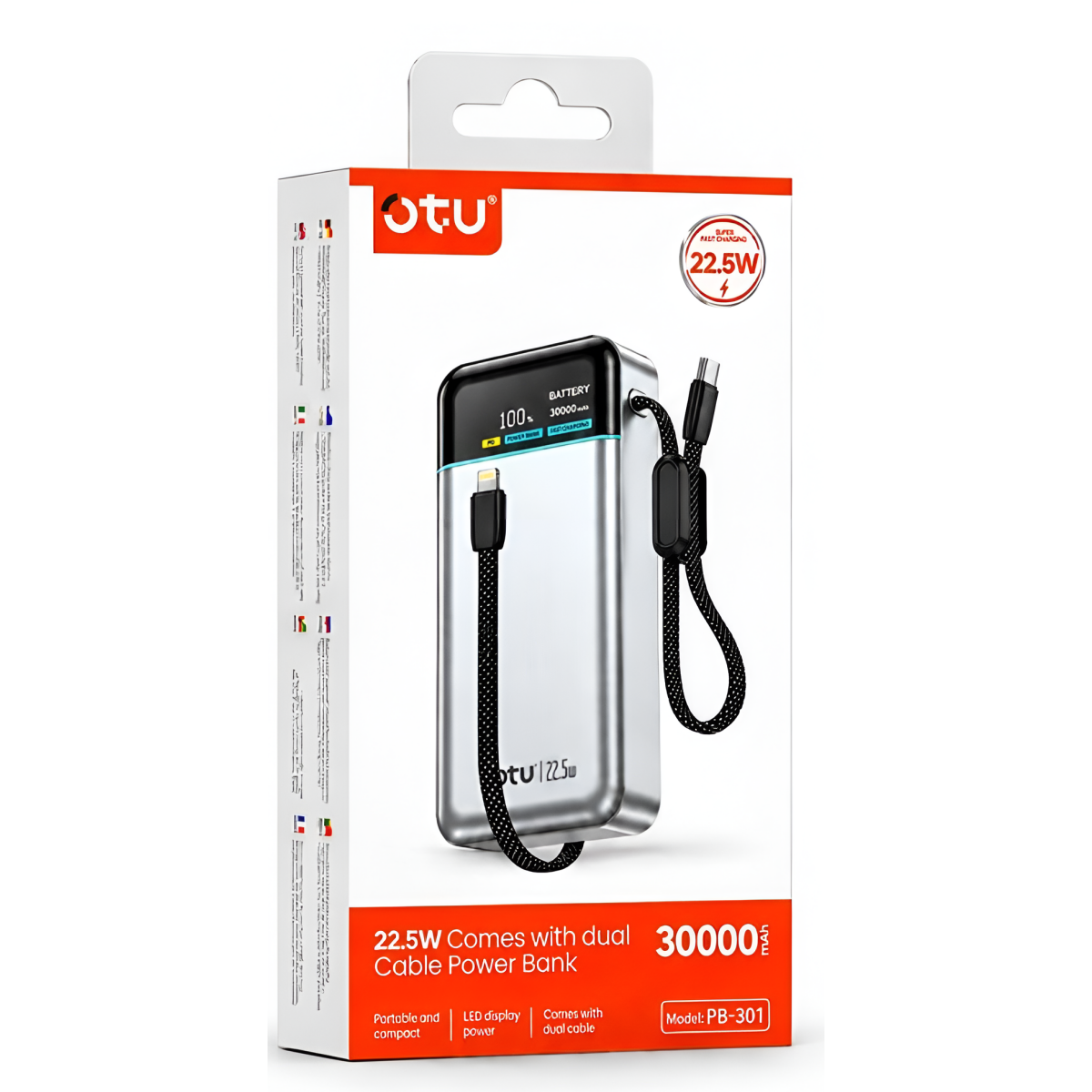 Power Bank 30000mAh 22.5W με Γρήγορη Φόρτιση, Ενσωματωμένα Καλώδια και Ψηφιακή Οθόνη OTU PB-301