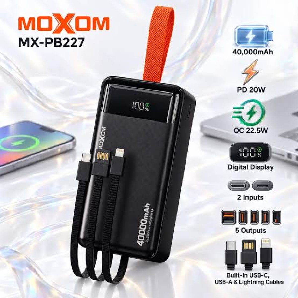 Power Bank 40000mAh με Γρήγορη Φόρτιση 22.5W & Ενσωματωμένα Καλώδια Moxom MX-PB227 - Image 2