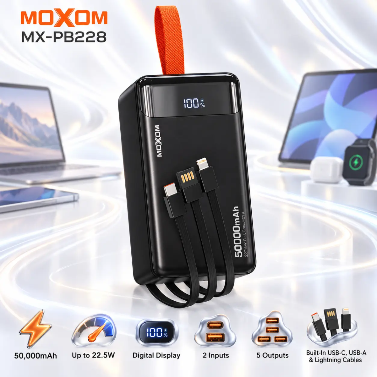 Power Bank 50000mAh με Ενσωματωμένα Καλώδια USB-C και Lightning 22.5W MOXOM MX-PB228