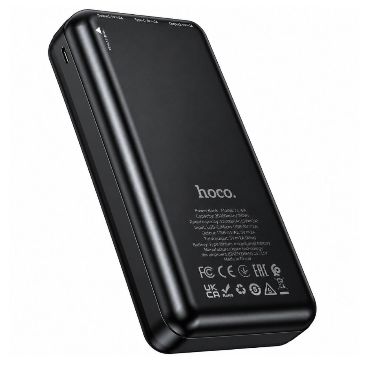 Power Bank Hoco J176A Honorifico 20000mAh 10W 1xUSB-C 2xUSB-A 1xMicroUSB με Solar Panel Μαύρο
